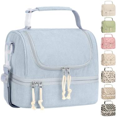 Imagem de Vankor Lancheira infantil, lancheira térmica de veludo cotelê de dois andares para meninas e meninos, alça ajustável à prova de vazamento, grande lancheira para viagens escolares, veludo cotelê azul