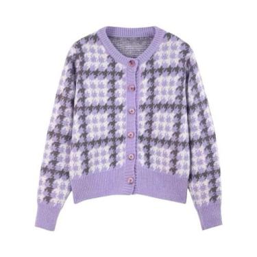 Imagem de Cardigan Longo De Manga Comprida Em Estampa Xadrez Rosa Y2K Para Mulhe