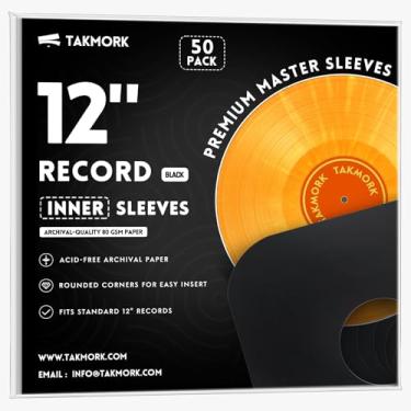 Imagem de TAKMORK Capas de papel internas de disco de vinil de 30 cm - papel pesado de 80 g para LP e álbuns de 33 RPM, inserções protetoras com orifício central e cantos arredondados, preto, 50 peças