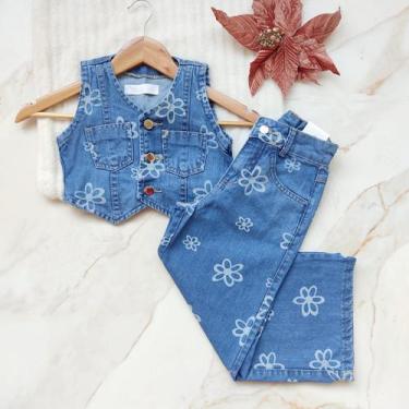 Imagem de Conjunto Jeans Infantil Conjunto De Menina Feminina Luxo Básico Colete