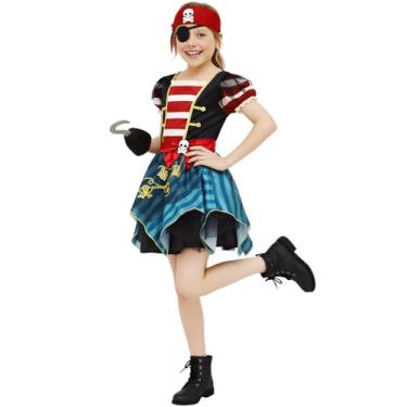 Imagem de ROC PARTY Fantasia de pirata de Halloween para meninas – Conjunto de roupa de pirata com acessórios para festa temática de fantasia (grande, 8 a 10 anos)