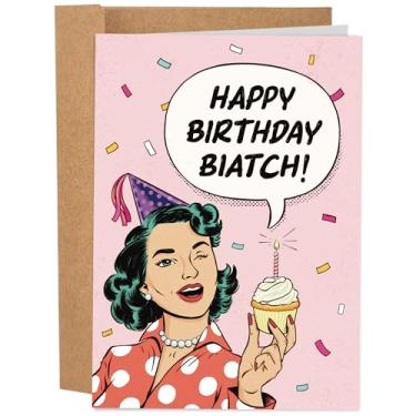 Imagem de Sleazy Greetings Cartão de aniversário engraçado Sassy para mulheres e homens – Cartão de felicitações vintage pop art humor para melhor amigo, esposa, marido, namorada, irmã (Happy Birthday Biatch)