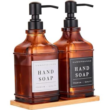 Imagem de Dispensador de sabão de vidro âmbar com bomba, bandeja, funil, sabonete de bancada e dispensador de loção conjunto de 2 com 60 adesivos, dispensador de louça e sabonete de mão para pia de cozinha