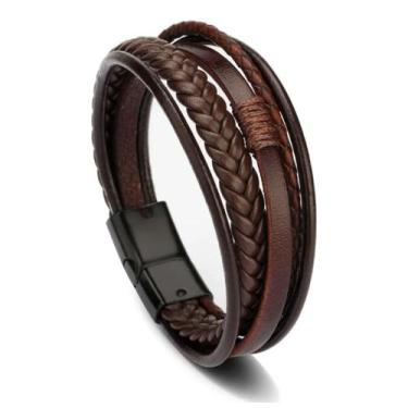 Imagem de Pulseira Masculina De Couro 3 Voltas Fecho De Imã - Bracelete, Marrom