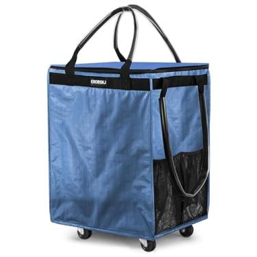 Imagem de Bolsa de compras reutilizável (média, azul) com rodas, sacola dobrável de 70 L, carrega até 30 kg, carrinhos de compras com zíper para viagens, lavanderia, 4 rodas resistentes e 3 alças