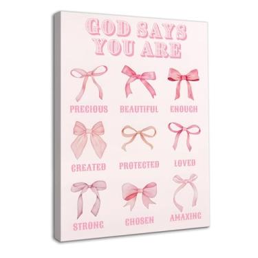 Imagem de Dazzlewall Arte de parede motivacional inspiradora emoldurada, laço rosa God Says You Are impressões em tela para meninas dormitório quarto sala de estar decoração 30 x 40 cm
