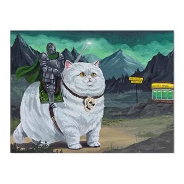 Imagem de FoxUncle Pôster de gato branco gigante cavaleiro fantasia engraçada animal fofo arte de parede vintage meados do século impressões em tela para decoração de parede de quarto de estar peculiar 30,5 x