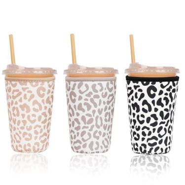 Imagem de Haevola 3 peças reutilizáveis isoladas de neoprene gelado para xícara de café gelado, manga durável para bebidas frias, suporte de bebidas para café gelado, médio de 623 a 680 g (pontos selvagens)