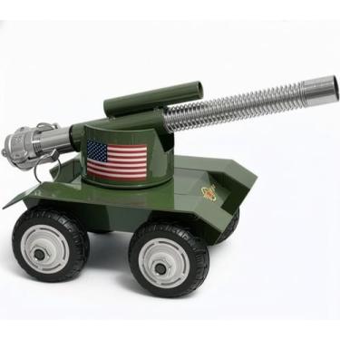 Imagem de TIETHEKNOT Modelo de mini canhão de aço inoxidável com mecanismo de recuo - perfeito para jogos ao ar livre e fogos de artifício para colecionadores (verde floresta de 4 rodas)