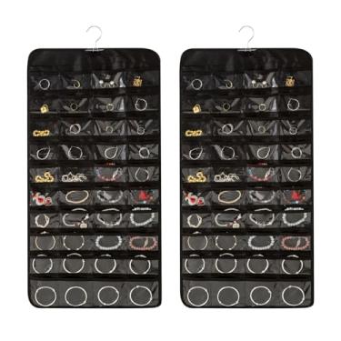 Imagem de Fasolara Organizador de joias para pendurar relaxante, estojo de exibição de dupla face com bolsos transparentes, bolsa de armazenamento de anel de brincos, pulseira de colar, preto e cinza (cinza, 2