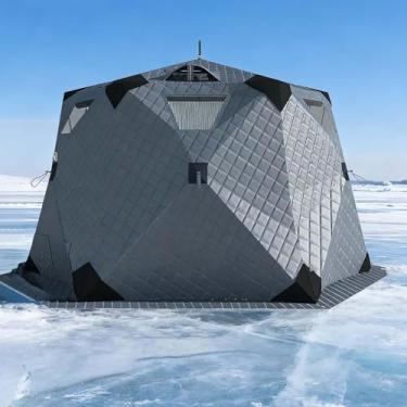 Imagem de Barraca de abrigo portátil para pesca no gelo para 6 a 10 pessoas, barraca de gelo com isolamento hexagonal à prova de vento com tomada de fogão e piso, 260 x 260 x 170 cm – Melhor equipamento de