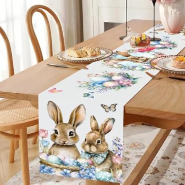 Imagem de Caminho de mesa de Páscoa, caminho de mesa com padrão de ovo de Páscoa de borboleta de coelho, decoração de casa de fazenda rústica suprimentos de cozinha para jantar interno ao ar livre decoração de