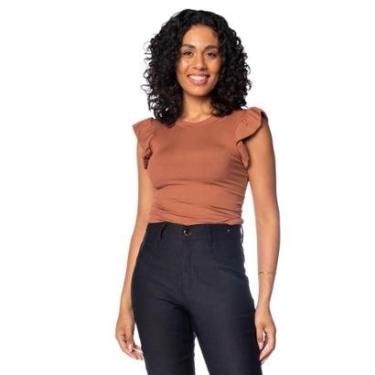 Imagem de Blusa Feminina Babicat Canelada Babado Marrom-Feminino