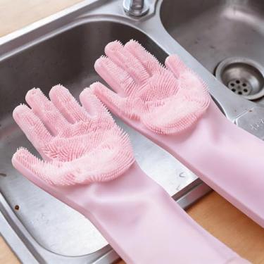 Imagem de Luvas de limpeza de silicone – Luvas de limpeza para cozinha e banheiro, luvas impermeáveis para lavar louça com escovas embutidas