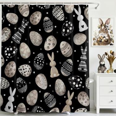 Imagem de Mocsicka Cortina de chuveiro com ovos de páscoa, coelhinho, preto, ovos de páscoa, cortina de chuveiro de tecido impermeável, decoração de banheira com 12 ganchos 182 x 182 cm (preto)