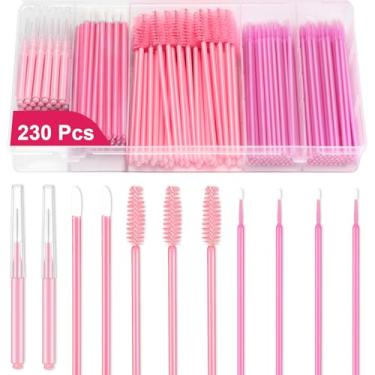 Imagem de 230 peças de suprimentos de laminação de sobrancelha rosa com caixa de plástico, conjunto de micro carretéis de cílios para sobrancelhas, aplicadores de lábios, pincéis, microcotonetes, escovas