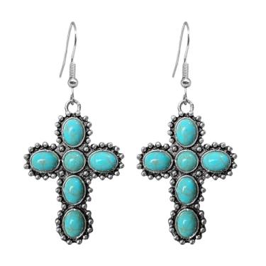 Imagem de Fuvirou Brincos de turquesa boho feitos à mão para mulheres, vintage, boêmio, tribal, étnico, contas, turquesa, em forma de cruz, geométrico, brincos de declaração, joias, Small, Metal, Sem pedra