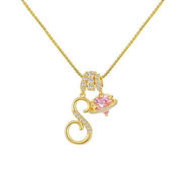 Imagem de CASOLVX Colar feminino com inicial A, banhado a ouro 24 K, corrente de letras, pingente de nome moderno, colar delicado com coração rosa e zircônia cúbica, presente para ela, Adjustable, Cobre, Strass