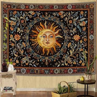 Imagem de Accnicc Tapeçaria vintage de sol e lua hippie indie boho floral tapeçaria de parede para quarto vitral estético planta celestial pequenas tapeçarias para pendurar na parede para sala de estar
