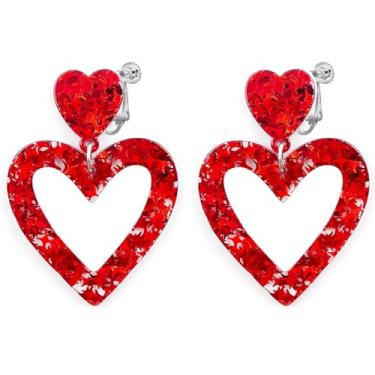 Imagem de Brincos de coração rosa para mulheres, brincos de pressão não perfurados para mulheres dos anos 70, 80, 90, retrô, neon, brincos pendentes de coração, coração, rosa, rosa, brincos de coração, dia dos