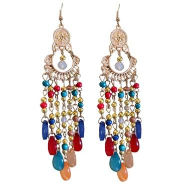 Imagem de fxmimior Brincos femininos vintage boêmios com contas coloridas em forma de gota com filigrana dourada, joia tribal étnica para festas e uso diário, Medium, Metal, Liga metálica.
