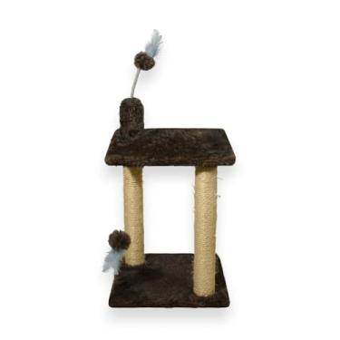 Imagem de Arranhador para Gatos Plataforma Dupla com Brinquedo com Bola de Pelúcia Sisal Natural e Base Revestida em Pelúcia Alta(Marrom)