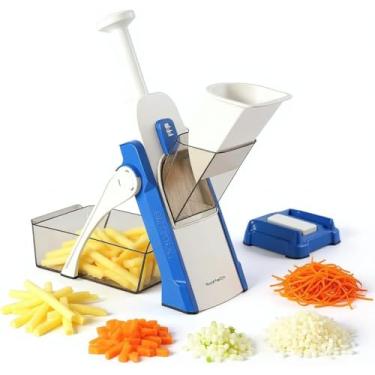 Imagem de Cortador Fatiador de Legumes Mandoline Multifuncional 5 em 1 -Profissional, Ralador e Picador para Frutas e Legumes Cebola, Alho, Cenouras e Batatas (Azul)