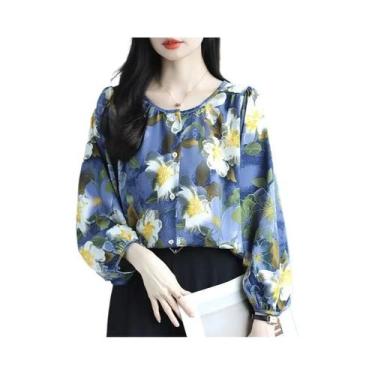 Imagem de Blusa Feminina Retrô Floral De Manga Comprida Roxa Com Gola Redonda Pa