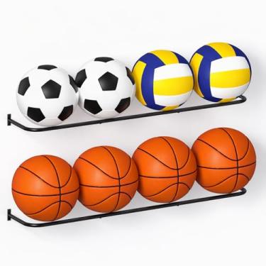 Imagem de 2 Pack Ball Holder Wall Mount, Metal Basketball Storage Rack with 4-Ball Capacity for Ball, Soccer Volleyball Display Holder Organizer, Indoor, Outdoor, Black