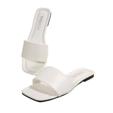 Imagem de GORGLITTER Sandálias rasteiras femininas confortáveis e elegantes de couro com bico quadrado sem cadarço, Bege, 38