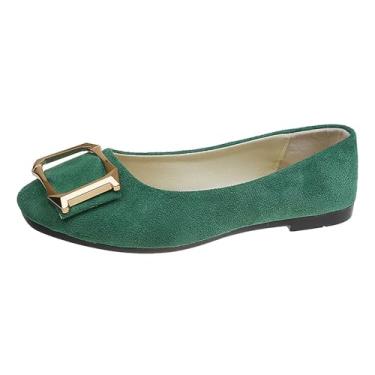 Imagem de Tênis feminino casual cor doce com fivela decorativa e bico quadrado tamanho grande para trabalho e dia a dia, Verde militar, 34