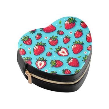 Imagem de Burbuja Linda caixa de joias em forma de coração de morango mini estojo de joias de viagem para mulheres e meninas, estojo portátil organizador de armazenamento para brincos, anéis, colares e