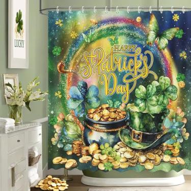 Imagem de MEHOFOND Cortina de chuveiro Dia de São Patrício Moedas de Ouro Arco-íris Trevo Verde Cortina de Chuveiro para Banheiro Dia de São Patrício Trevo da Sorte Decoração de Banheira Tecido Impermeável
