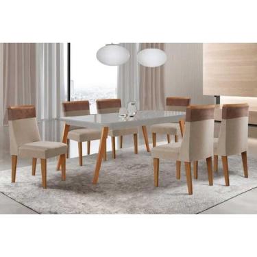 Imagem de Sala Jantar Mesa Havana Tampo c/ Vidro Curvo 180cm+6 Cadeiras Jaspe Ma