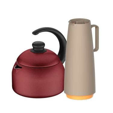 Imagem de Chaleira Alumínio Paris 1,9l Antiaderente Vermelha Com Bule Garrafa Térmica 1l Bege Tramontina