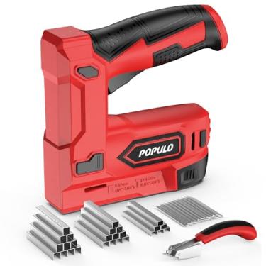 Imagem de POPULO Pistola de grampos elétrica, grampeador elétrico 2 em 1, kit de pregos sem fio 4V, pistola de pregos alimentada por bateria para estofamento, carpintaria, faça você mesmo com removedor de