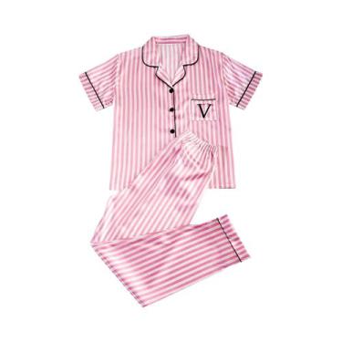 Imagem de Conjunto De Pijama De Cetim Com Estampa Listrada, Camisa De Manga Curt