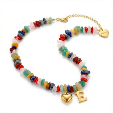 Imagem de DEPHINI Colar feminino banhado a ouro 18 K, colar com contas coloridas de pedras preciosas naturais com pingente de coração e letra do alfabeto, joia personalizada boho de aço inoxidável para presente