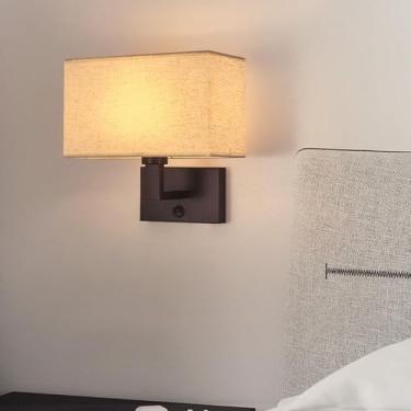 Imagem de Lâmpada de parede LED com interruptor Moderno Minimalista Arandelas de Parede Tela de Tecido Quadrado Iluminação de Parede de Metal para Sala de Estar Quarto Cabeceira Escadaria (Preto + Bege, Luz