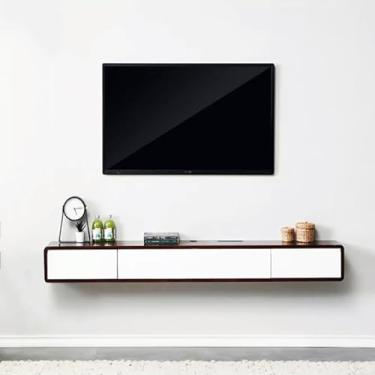 Imagem de Prateleira flutuante para TV - Centro de entretenimento montado na parede de madeira maciça com gavetas, console de mídia de fazenda para sala de estar, armário de TV flutuante decorativo