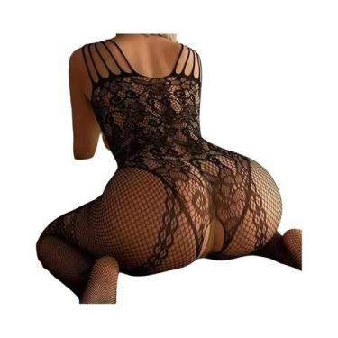 Imagem de Conjunto De Bodystocking Feminino Com Renda E Estampa Floral, Sutiã Ab