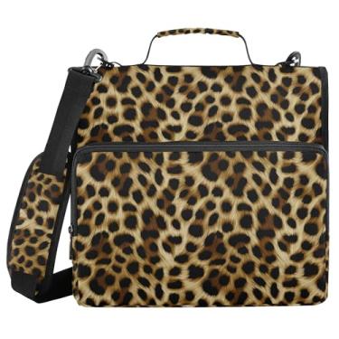 Imagem de SEHANY Fichário de zíper com estampa de leopardo com alça de ombro, capacidade para 500 folhas, vários bolsos, fichário com 3 anéis com zíper de 3 cm