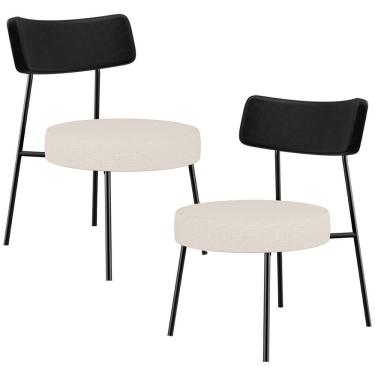 Imagem de Kit 02 Poltronas Decorativas Para Sala De Estar Base Fixa Londres L02 Couríssimo Preto Linho Bege - Lyam