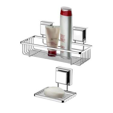 Imagem de Kit Banheiro 2 Peças Suporte Porta Shampoo Saboneteira Ventosa Cromado