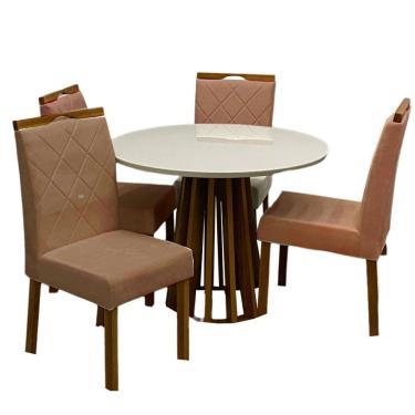 Imagem de Mesa de Jantar Berlim 100cm Redonda com Vidro e 4 Cadeiras California em Veludo Estofadas Cel Móveis Cor Cinamomo Off White com Tecido Marrom