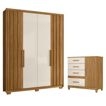 Imagem de Guarda Roupa Solteiro e Cômoda Califórnia Vênus 5 Portas Giratórias 7 Gavetas MDP com Pés Freijó Off White