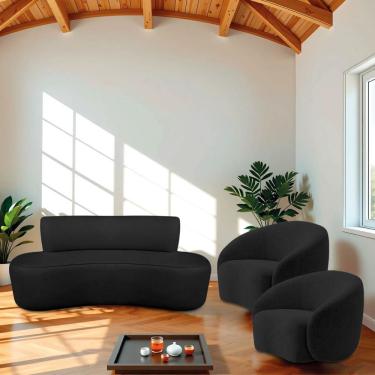 Imagem de Kit Sofá Conjunto Amsterdã Amore 3 Lugares 180cm Preto Linho com Recamier Curvo e 2 Poltronas