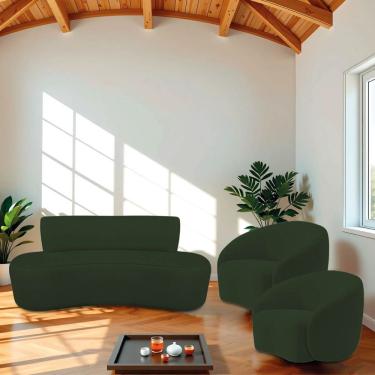 Imagem de Kit Sofá Conjunto Amsterdã e Amore 3 Lugares 140cm Verde em Linho com Recamier Curvo e 2 Poltronas