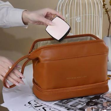 Imagem de Bolsa Necessaire OEM Super Espaçosa Maquiagem Portátil para Viagem em Couro PU Marrom Feminina