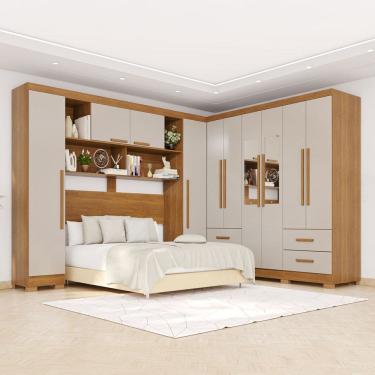 Imagem de Guarda-Roupa Casal Modulado Andorra 10 Portas 4 Gavetas com Pés e Espelho Cinamomo/Off White - Pnr Móveis